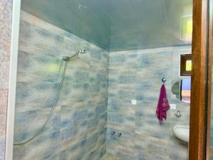 a bathroom with a shower and a sink at Коттедж в саду роз in Chakvi