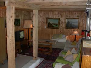 a living room with a couch and a tv at Haus am Ufer in Gaienhofen