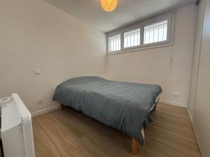 Bett in einem Zimmer mit 2 Fenstern in der Unterkunft Appartement les pieds dans l'eau Saint Cyprien in Saint-Cyprien