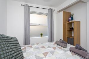 a bedroom with a bed and a large window at Albert Lodge in Belfast
