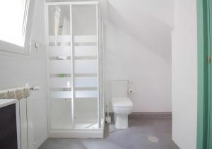 un bagno con wc e doccia in vetro di La Casa del Maestro a Cerezo de Abajo Altre 17 foto