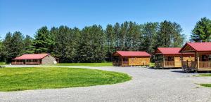 a group of log cabins with red roofs at Abbot Trailside Lodging in Abbot Village