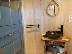 a bathroom with a sink and a mirror at La Ramure - Tiny chalet et sauna privatif, vue lac et pêche en famille in Roye +12 photos