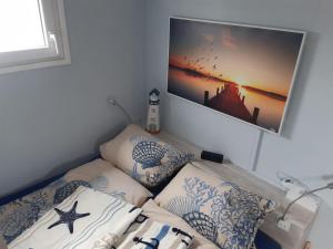 una camera con divano e TV a parete di Hausboot-schwimmendes-Ferienhaus-im-Havelbogen-Haus-auf-dem-Wasser a Kützkow