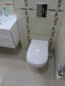 La salle de bains est pourvue de toilettes blanches et d'un lavabo. dans l'établissement Apartment Lenina 9/11, à Oufa