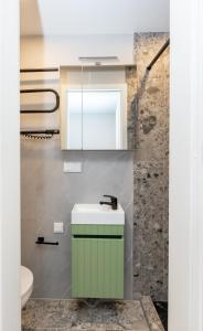 a bathroom with a green sink and a mirror at Miniukas in Kaunas