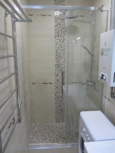 La salle de bains est pourvue d'une douche vitrée. dans l'établissement Apartment Lenina 9/11, à Oufa