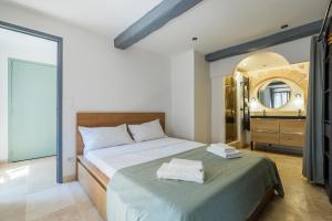 a bedroom with a large bed and a mirror at Apt La Fontaine in Tourrettes-sur-Loup