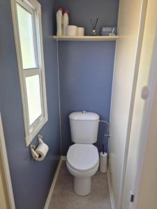ein kleines Badezimmer mit Toilette und Fenster in der Unterkunft Mobil-home 4 personnes in Bec-de-Mortagne + 6 Fotos