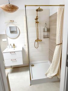 a bathroom with a shower and a sink at Apartament Szyszka 2 in Rogowo