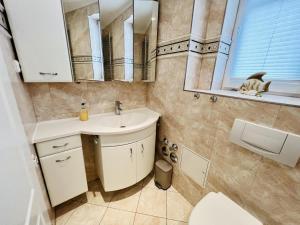 a bathroom with a sink and a cat sitting in a window at Strandsicht, direkt am Strand in Warnemünde +9 photos