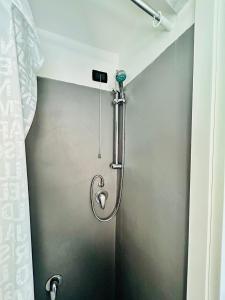 a shower in a bathroom with a shower curtain at Cinque Terre, Sea View Home in Manarola +19 photos