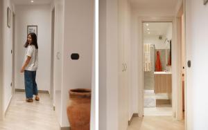 ジョイオーザ・マレーアにあるSpacious, Family Apartment in Gioiosa Marea, Gioiosa Holiday Homeの廊下に立っている女性の2枚の写真