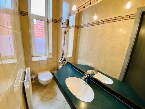 a bathroom with a sink and a toilet at Doppelzimmer Zapfhahn, direkt am Alten Strom in Warnemünde +12 photos