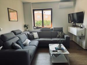 a living room with a couch and a tv at Strandhaus Roko in Preko
