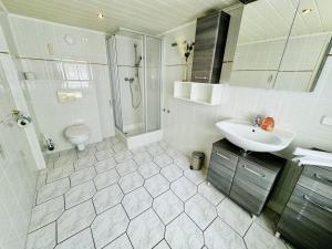 a bathroom with a sink and a shower and a toilet at Appartement Sonnenflut in Warnemünde +11 photos
