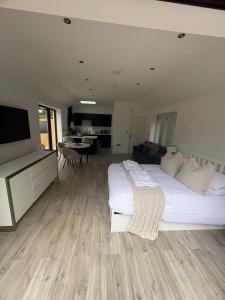 a bedroom with a large white bed and a flat screen tv at Portbridge Nest in Chew Magna +9 photos