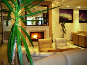 a living room with a couch and a fireplace at Finlandia Hotel in Pamporovo