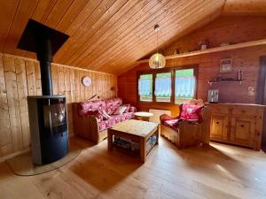 una sala de estar con estufa de leña en una cabaña en Chalet des Boutons d'Or, peaceful with terrace, en Gerbépal 12 fotos más