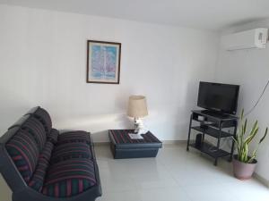 un salon avec un canapé et une télévision dans l'établissement Edificio Leonardo departamento 16, à Villa Carlos Paz