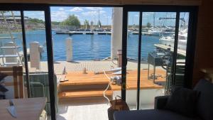 a view of a dock with a boat in the water at Bateau panoramique sans permis Lac du Der - Eclaron in Sainte-Livière