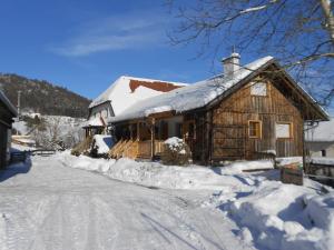 a wooden house covered in snow with a driveway at Ferienwohnung "Kräuterhof" in Ringelai