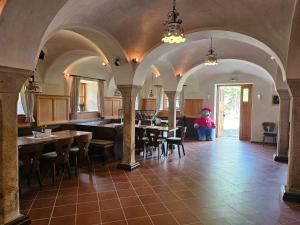 a person sitting in a room with tables and chairs at Ferienwohnung "Kräuterhof" in Ringelai