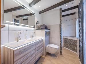 a bathroom with a sink and a toilet and a shower at Haus Annabell in Gelting