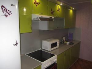 ウファにあるGood Apartment Revolutsionnaya 70の小さなキッチン(緑のキャビネット、電子レンジ付)