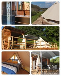 a collage of four pictures of a tent at Les secrets de la nature chambre d'hôtes, tentes luxe et nature in Savignac-Lédrier