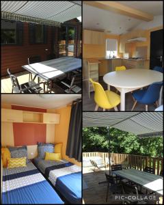 a group of four pictures of a kitchen and a table at Les secrets de la nature chambre d'hôtes, tentes luxe et nature in Savignac-Lédrier