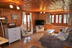 a living room with a couch and a tv at Le Tsenevire - appartement 4 personnes - Evolene in Evolène
