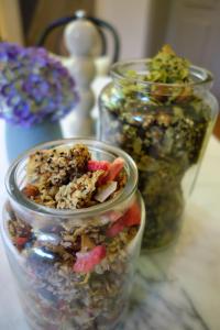 two glass jars filled with food on a table at Bed & Breakfast Grünes Gold am Leisberg in Baden-Baden +43 photos