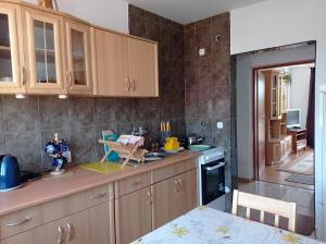 a kitchen with wooden cabinets and a counter top at Noclegi Swornegacie in Swornegacie