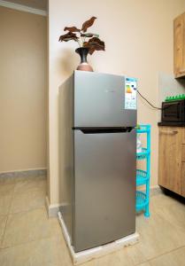 a refrigerator with a potted plant on top of it at Edrin Apartments in Kampala