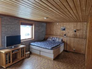 a bedroom with a bed and a tv in a room at Stall Rygg Apartment, Gloppen in Rygg