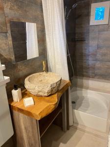 a bathroom with a stone sink and a tub at Chaumière du 16-ème siècles in Saint-Augustin