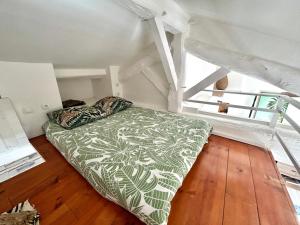 ヴィルフランシュ・シュル・ソーヌにあるLe Nid Tropical Proche gareのベッドルーム1室(緑色のベッド1台付)