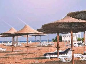 a beach with chairs and umbrellas on the beach at Villaggio lavie in Ras Sedr