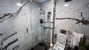 a bathroom with a glass shower with a toilet at City & Stadium Luxe in Tangier +16 photos