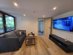 a living room with a couch and a flat screen tv at Bungalow Maya in Lauchhammer