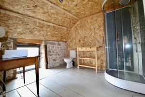 a bathroom with a shower and a sink and a toilet at La grange de Louise in La Chapelle-Taillefert