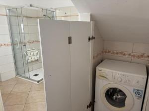 a laundry room with a washing machine and a shower at Harmonia Apartment with breathtaking view and a perfect location in Tropea +43 photos