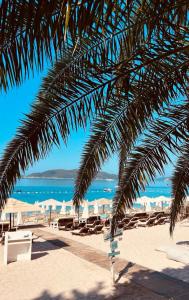 a view of a beach with chairs and a palm tree at Apartments Petar in Budva