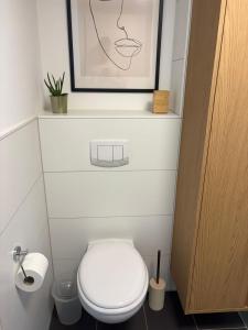a bathroom with a white toilet and a picture at Penthouse Apartment in Gießen +26 photos
