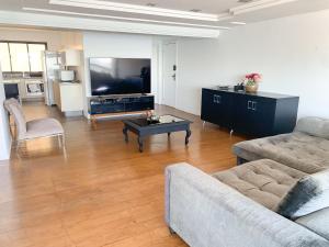 Una sala de estar con un sofá y un televisor. en Frente mar, espaço e conforto, en Balneário Camboriú