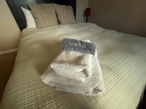 a pile of towels sitting on top of a bed at Charming Mountain Retreat with Enclosed Backyard and Artistic Flair in Millcreek