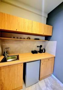 a kitchen with wooden cabinets and a sink at The George in Piraeus