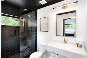 a bathroom with a sink and a toilet and a mirror at The Little Timber Cozy Hot Tub Fireplace in Townsend +32 photos