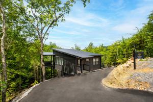 a cabin in the woods with a driveway at The Little Timber Cozy Hot Tub Fireplace in Townsend